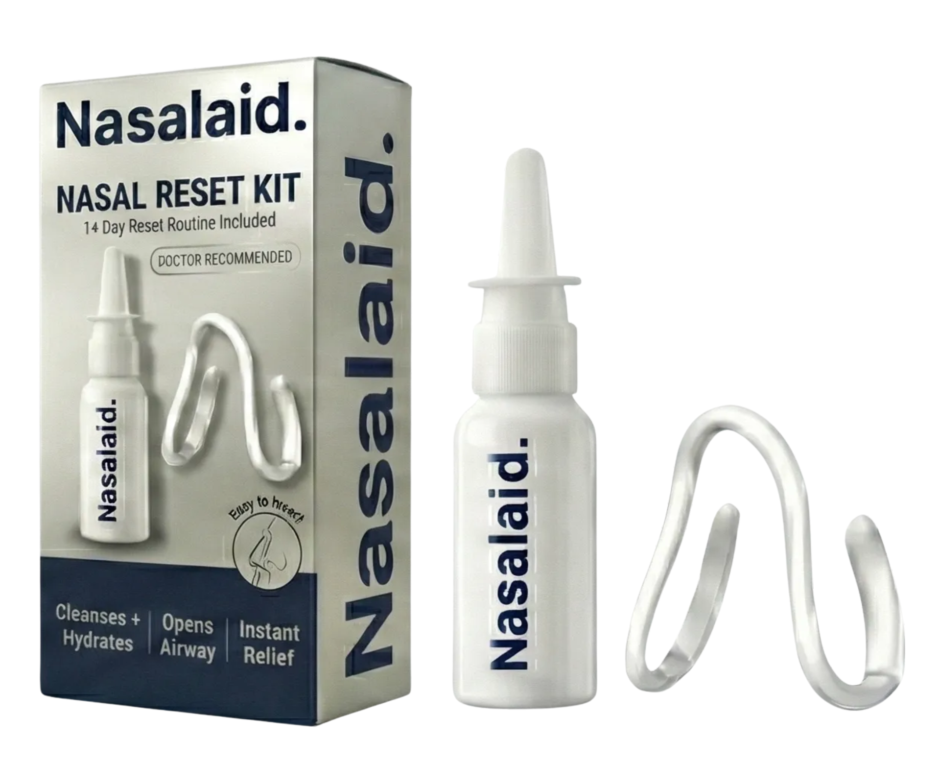 NasalAid Nasal Reset Kit. A doctor-recommended 14-day protocol containing HOCl saline spray and an adjustable internal nasal dilator. Replaces nasal strips for instant relief from congestion, snoring, and mouth breathing.