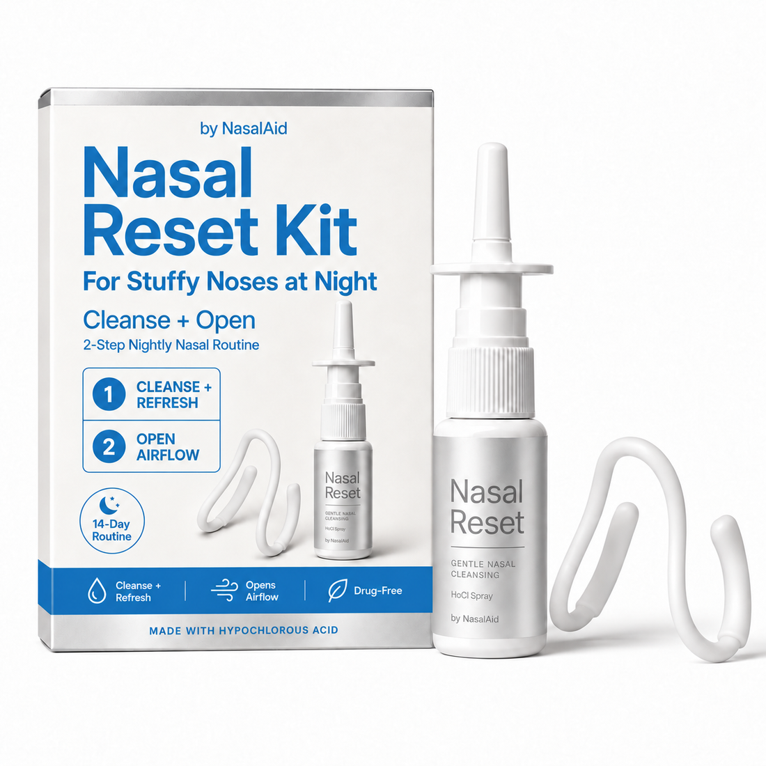 Nasal Reset Kit with strong blue printing, silver nasal cleanser and white dilator